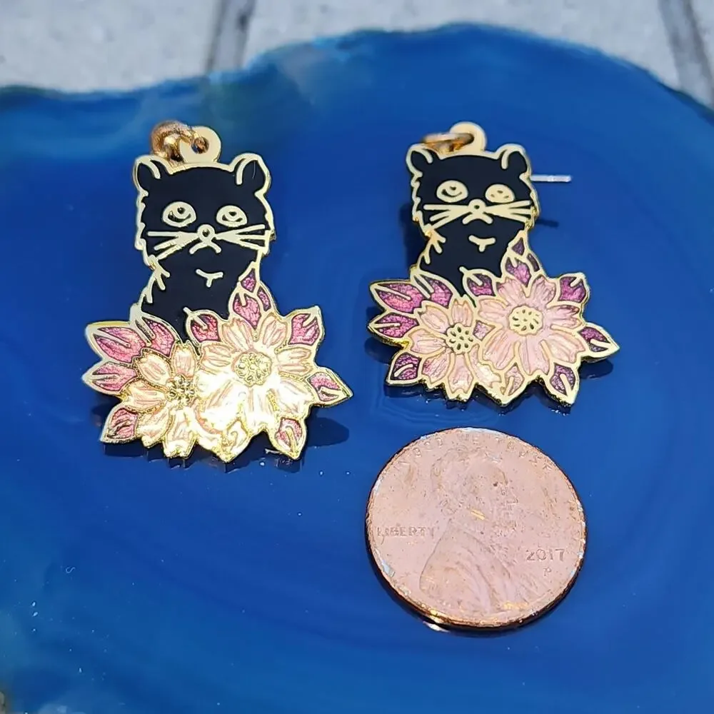 Cloisonne Gold Tone Black Cat Floral Enamel Pierced Dangle Earrings